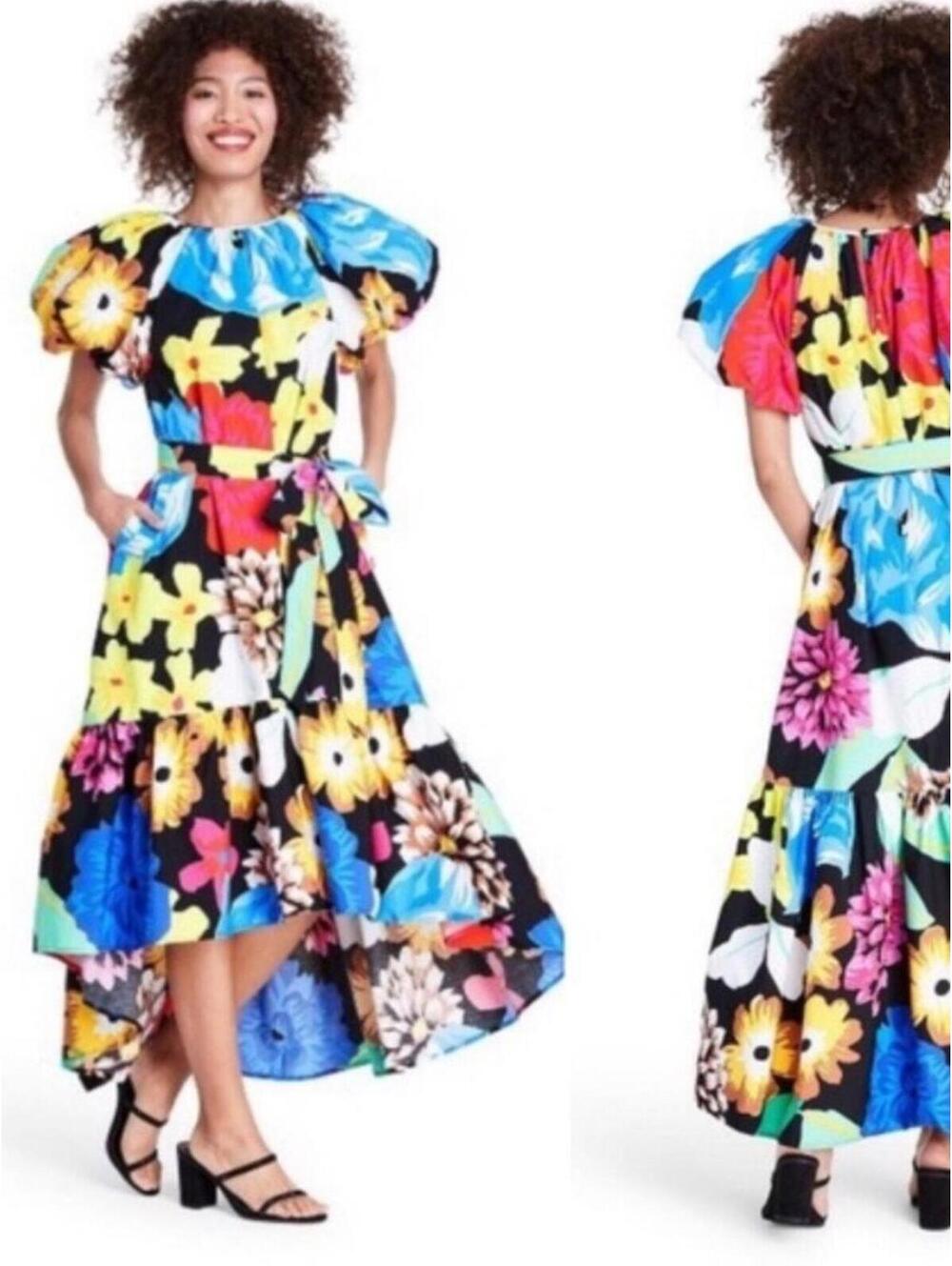 Christopher John Rogers Floral Puff Sleeve High Low Midi Dress Belted S